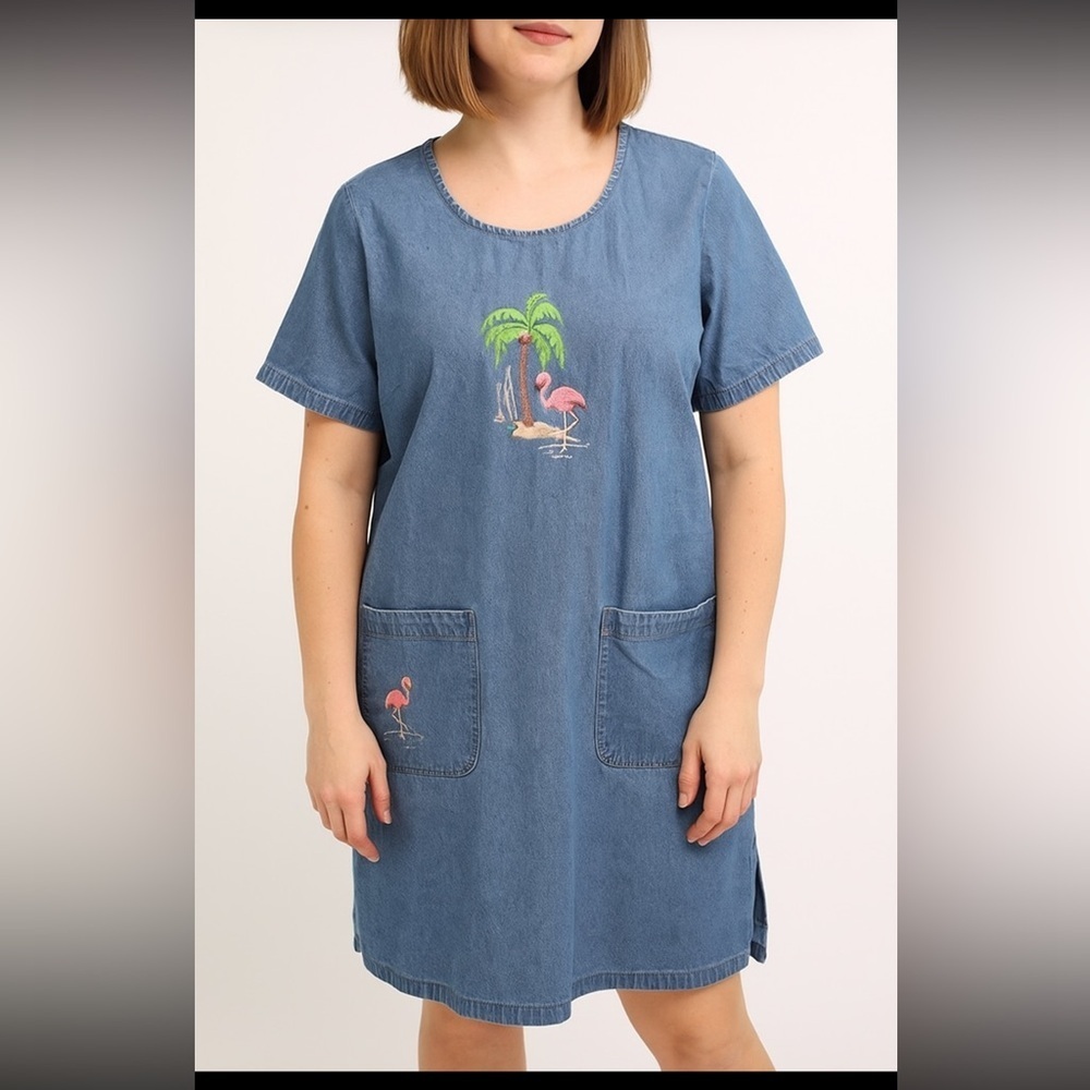 Blair Vintage Denim Pullover Dress Size XL Blue Flamingo Short Sleeve Relaxed
